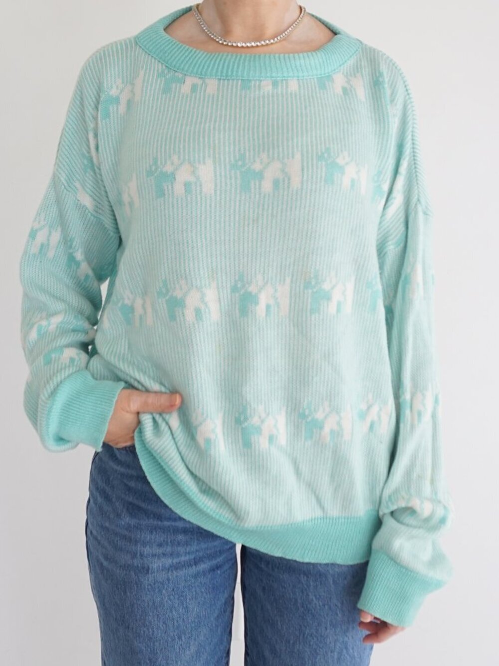 Vintage Mint Dog Animal Intarsia Knit Crewneck Winter Ski Lodge Cabin Sweater M
